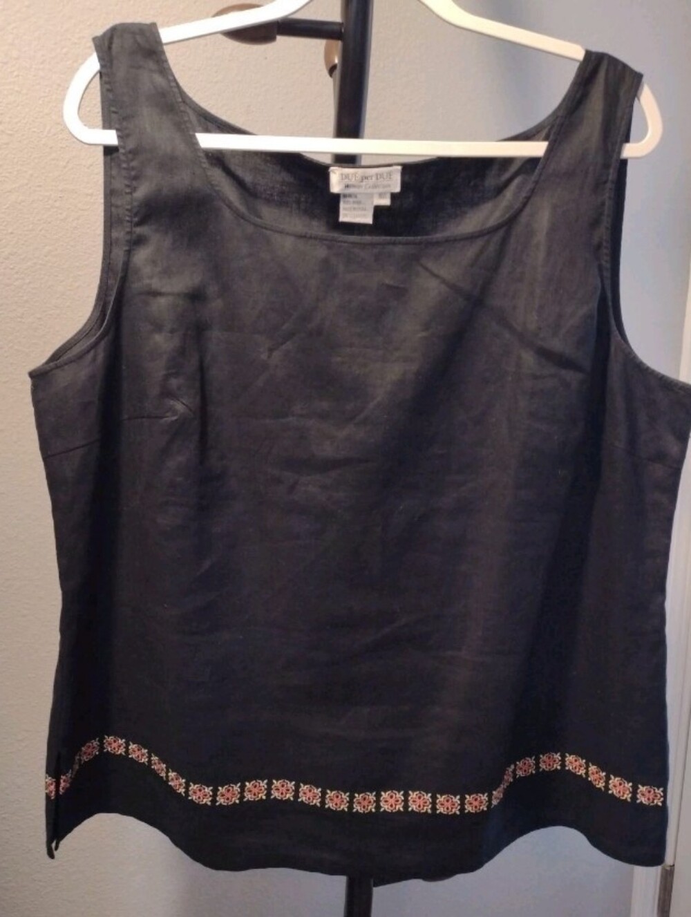 100% Linen Tank Top Women 18W Floral Embroidered Band Square Neck Black